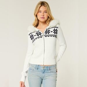 Hollister Hooded Fair Isle Zip-Up Sweater CLOUD WHITE PATTERN, Medium